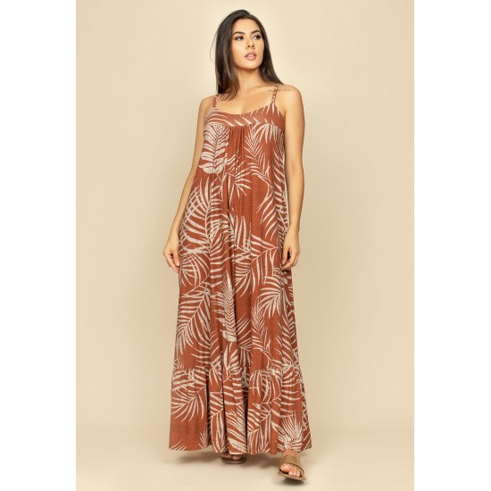 Vestido Longo Jataí Trapézio Malha Camadas Estampa Palmas Terra