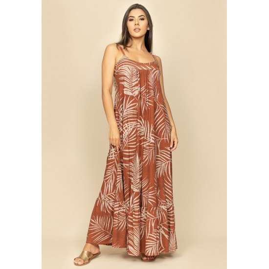 Vestido Longo Jataí Trapézio Malha Camadas Estampa Palmas Terra