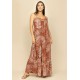 Vestido Longo Jataí Trapézio Malha Camadas Estampa Palmas Terra