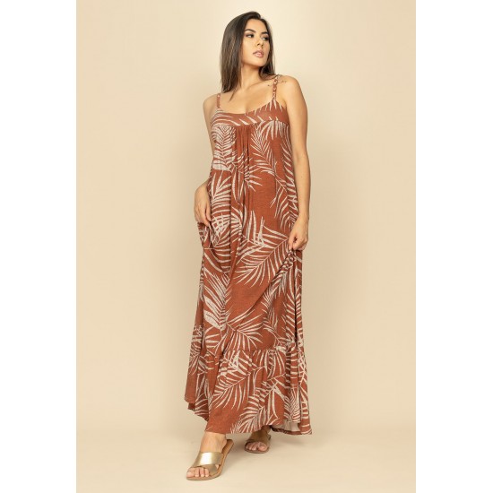 Vestido Longo Jataí Trapézio Malha Camadas Estampa Palmas Terra