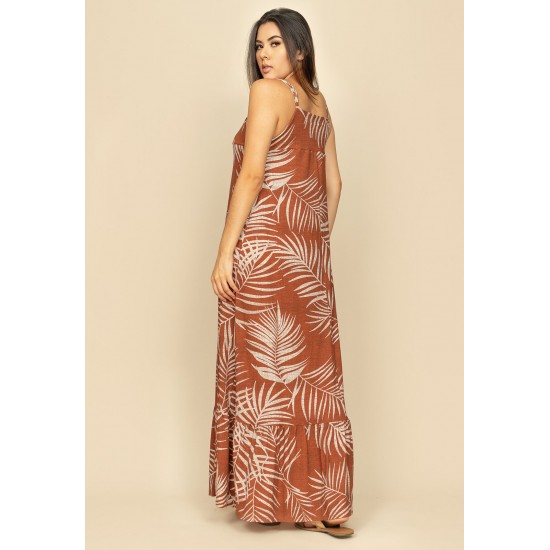 Vestido Longo Jataí Trapézio Malha Camadas Estampa Palmas Terra