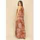 Vestido Longo Jataí Trapézio Malha Camadas Estampa Palmas Terra