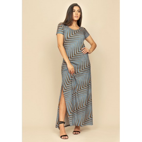 Vestido Longo Malha Gola Canoa Manga Curta Estampa Murici
