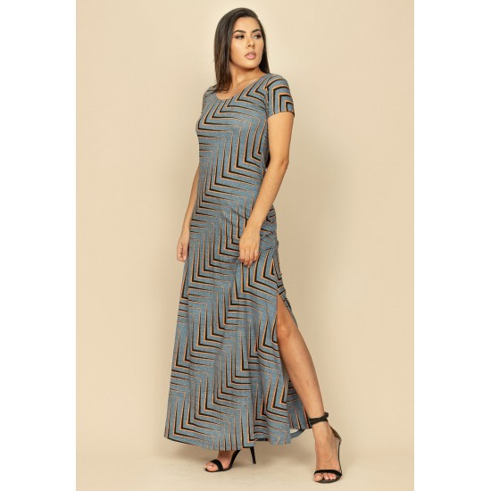 Vestido Longo Malha Gola Canoa Manga Curta Estampa Murici