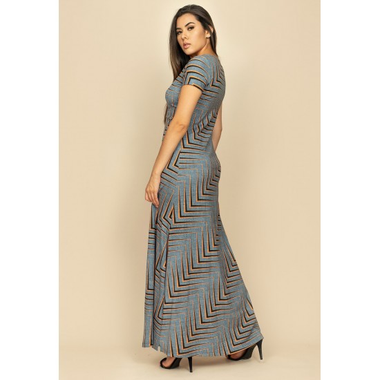 Vestido Longo Malha Gola Canoa Manga Curta Estampa Murici