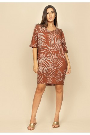 Vestido Curto Malha Morcego Estampa Palmas Terra
