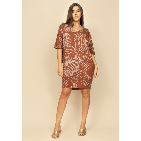 Vestido Curto Malha Morcego Estampa Palmas Terra