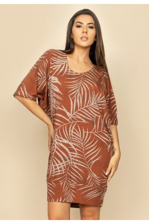 Vestido Curto Malha Morcego Estampa Palmas Terra