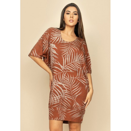Vestido Curto Malha Morcego Estampa Palmas Terra