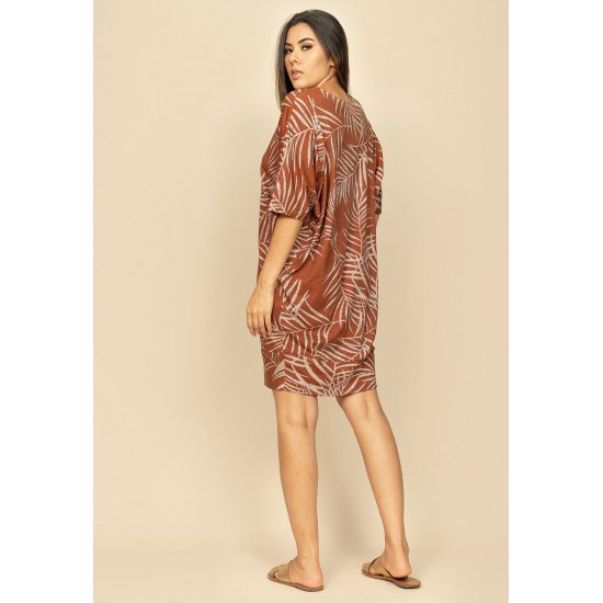 Vestido Curto Malha Morcego Estampa Palmas Terra