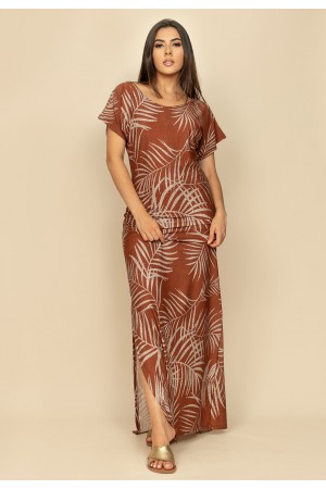 Vestido Longo Malha Fenda na Lateral Estampa Palmas Terra
