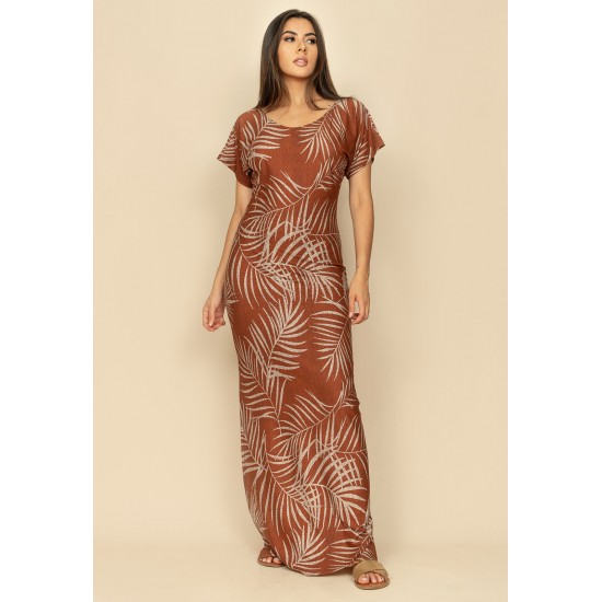 Vestido Longo Malha Fenda na Lateral Estampa Palmas Terra