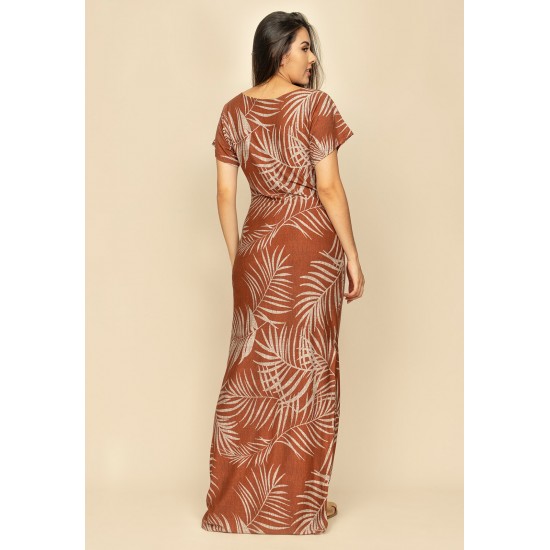 Vestido Longo Malha Fenda na Lateral Estampa Palmas Terra