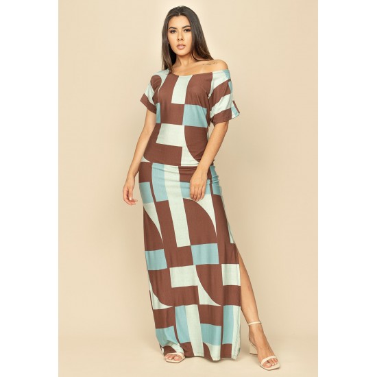 Vestido Longo Malha Fenda na Lateral Estampa Santa Rosa do Tocantins