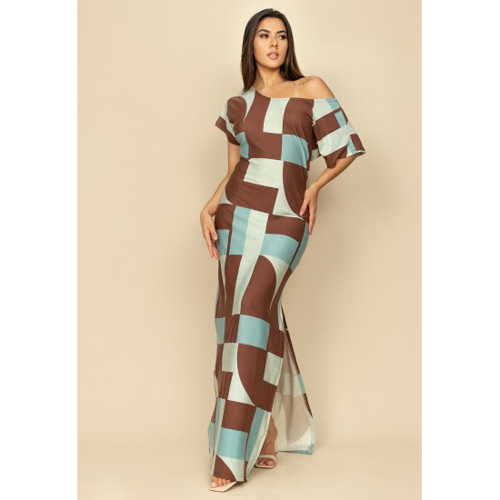 Vestido Longo Malha Fenda na Lateral Estampa Santa Rosa do Tocantins