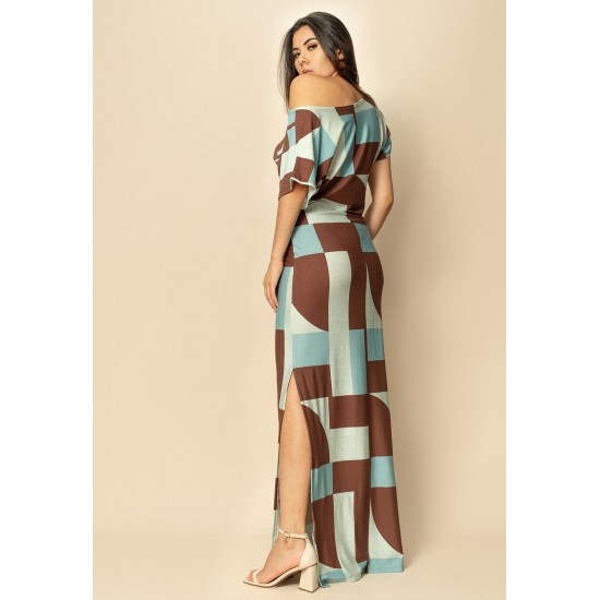 Vestido Longo Malha Fenda na Lateral Estampa Santa Rosa do Tocantins