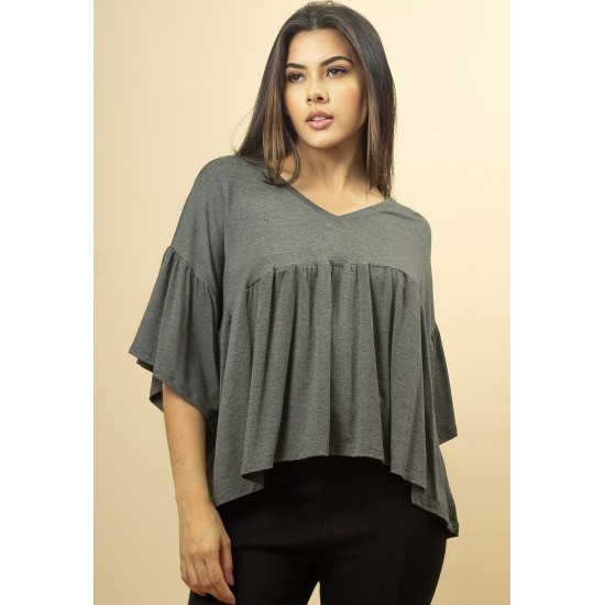 Blusa Bata Fulô Babado Malha Mescla