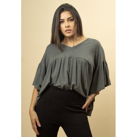 Blusa Bata Fulô Babado Malha Mescla