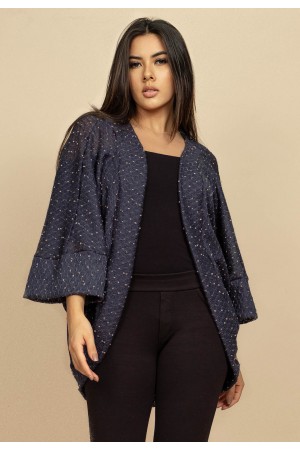 Kimono Ponto Tricot Manga Ampla Azul