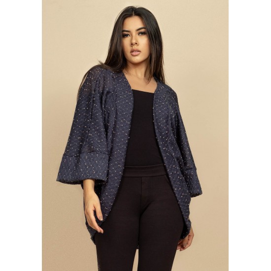 Kimono Ponto Tricot Manga Ampla Azul