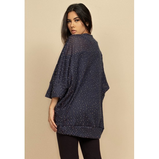 Kimono Ponto Tricot Manga Ampla Azul