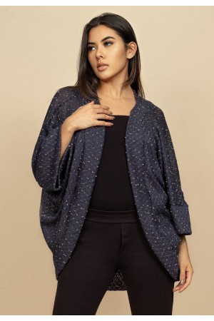 Kimono Ponto Tricot Manga Ampla Azul