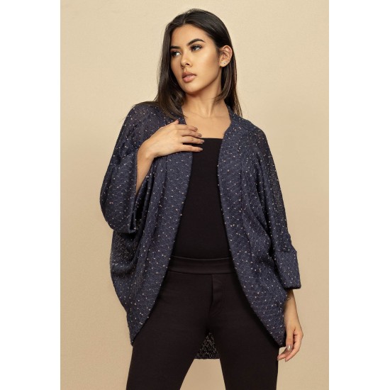 Kimono Ponto Tricot Manga Ampla Azul