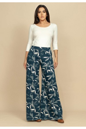 Calça Pantalona Granja Malha Estampa Hibisco Blue