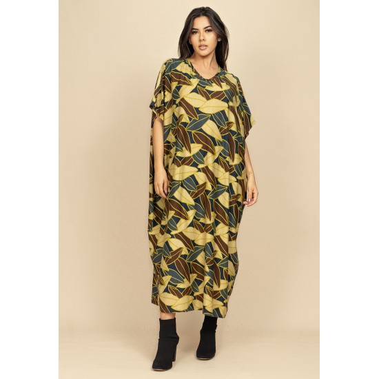 Vestido Kaftan Malha Saruel Estampa Folhas de Outono