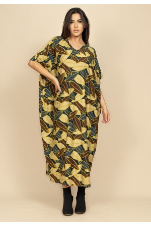 Vestido Kaftan Malha Saruel Estampa Folhas de Outono