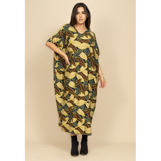 Vestido Kaftan Malha Saruel Estampa Folhas de Outono