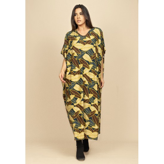 Vestido Kaftan Malha Saruel Estampa Folhas de Outono