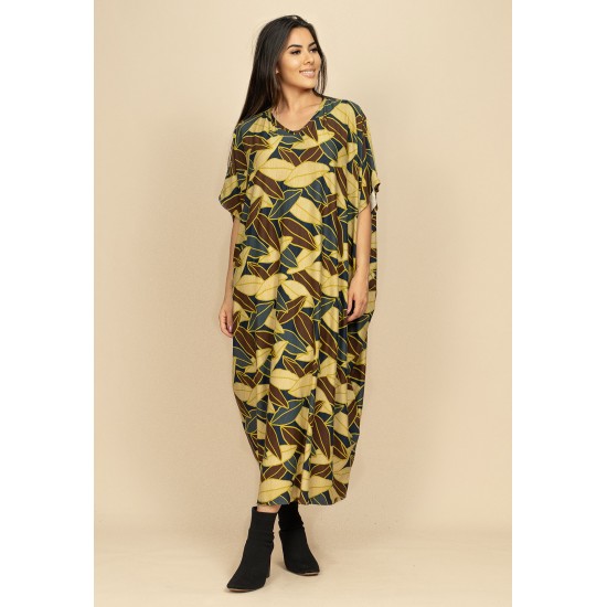 Vestido Kaftan Malha Saruel Estampa Folhas de Outono
