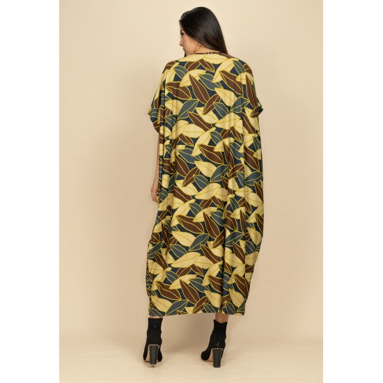 Vestido Kaftan Malha Saruel Estampa Folhas de Outono