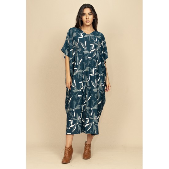 Vestido Kaftan Malha Saruel Estampa Hibisco Blue