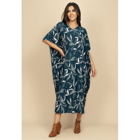 Vestido Kaftan Malha Saruel Estampa Hibisco Blue