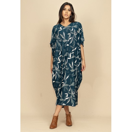 Vestido Kaftan Malha Saruel Estampa Hibisco Blue