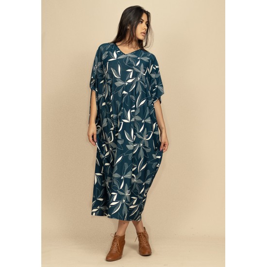 Vestido Kaftan Malha Saruel Estampa Hibisco Blue