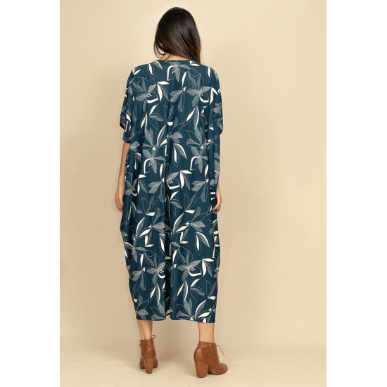 Vestido Kaftan Malha Saruel Estampa Hibisco Blue
