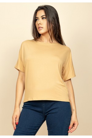 Blusa Básica Morcego Malha Gola Canoa Manga Curta Capuccino