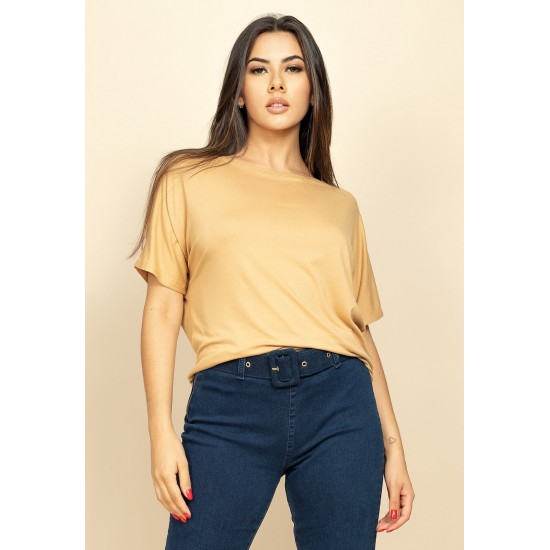 Blusa Básica Morcego Malha Gola Canoa Manga Curta Capuccino