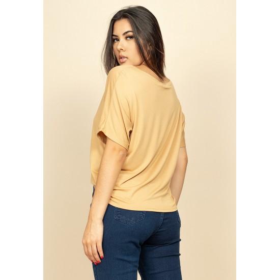 Blusa Básica Morcego Malha Gola Canoa Manga Curta Capuccino