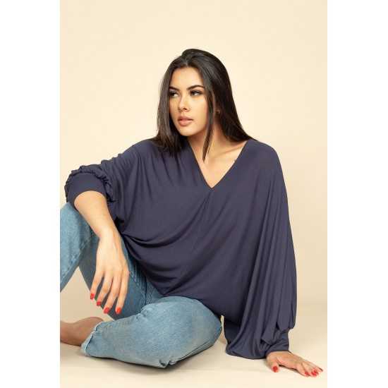 Blusa Moicana Malha Morcego Azul Marinho