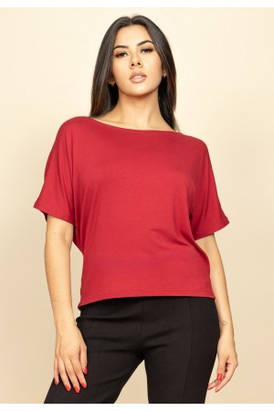 Blusa Básica Morcego Malha Gola Canoa Manga Curta Bordô