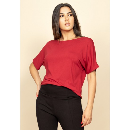 Blusa Básica Morcego Malha Gola Canoa Manga Curta Bordô