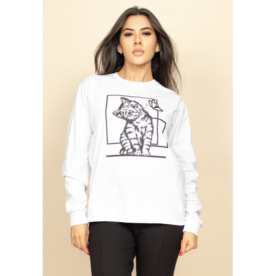 Camiseta de Algodão Manga Longa Gato Tom Branca