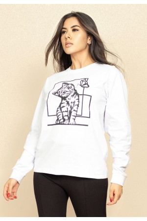 Camiseta de Algodão Manga Longa Gato Tom Branca
