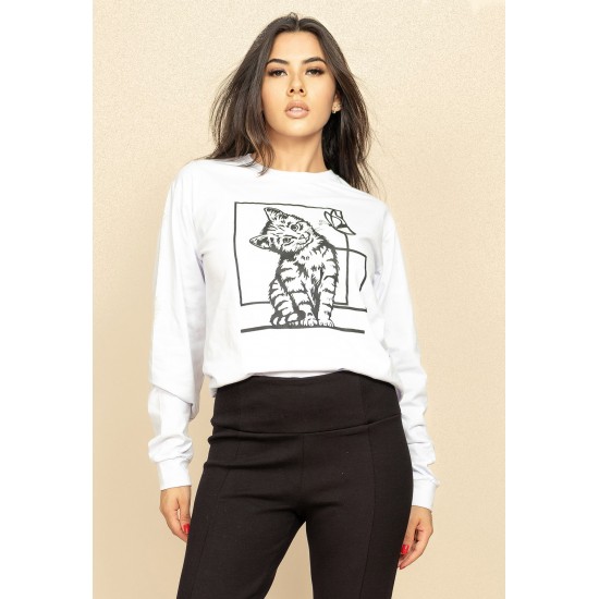 Camiseta de Algodão Manga Longa Gato Tom Branca