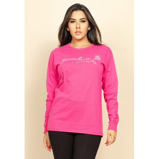 Camiseta de Algodão Manga Longa Permita-se Rosa