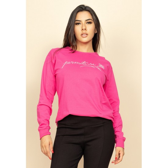 Camiseta de Algodão Manga Longa Permita-se Rosa
